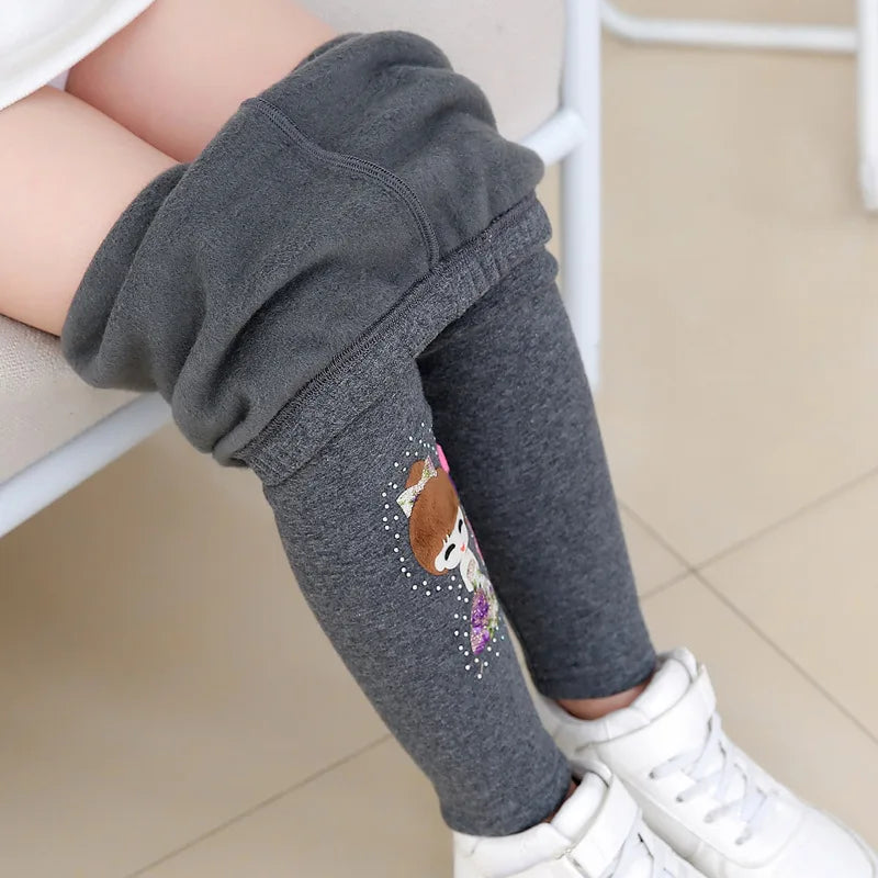 Cartoon Girl Pattern Winter Thick Warm Fleeced Pants For Girls childrensterritory