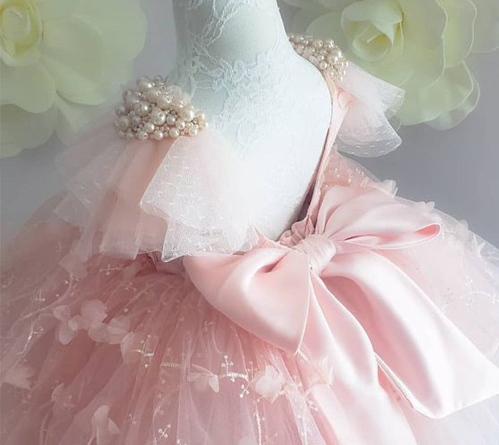 Satin Bow &amp; Pearls Beading Puffy Pageant Dresses for Kids Girls childrensterritory