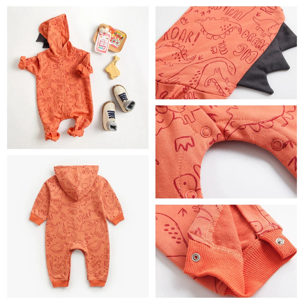Dinosaur Print Baby Boys Long Sleeve Hooded Rompers