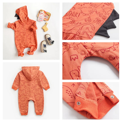 Dinosaur Print Baby Boys Long Sleeve Hooded Rompers