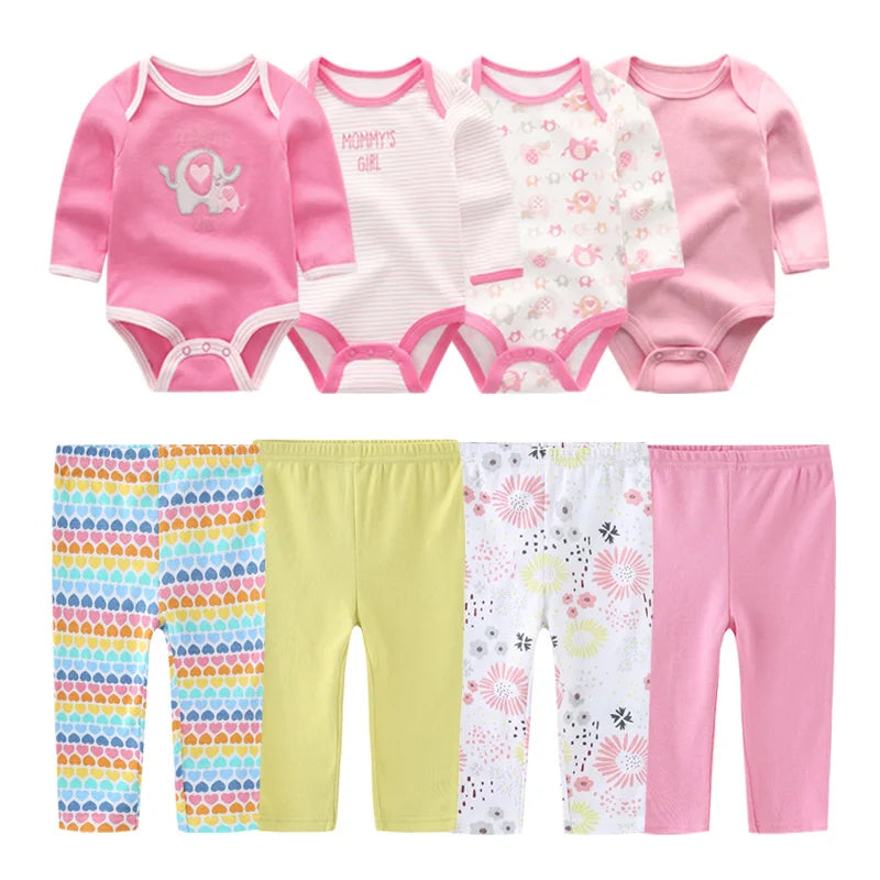Newborn Baby Cartoon Print 6/8Pieces Soft Bodysuits+Pants Sets childrensterritory