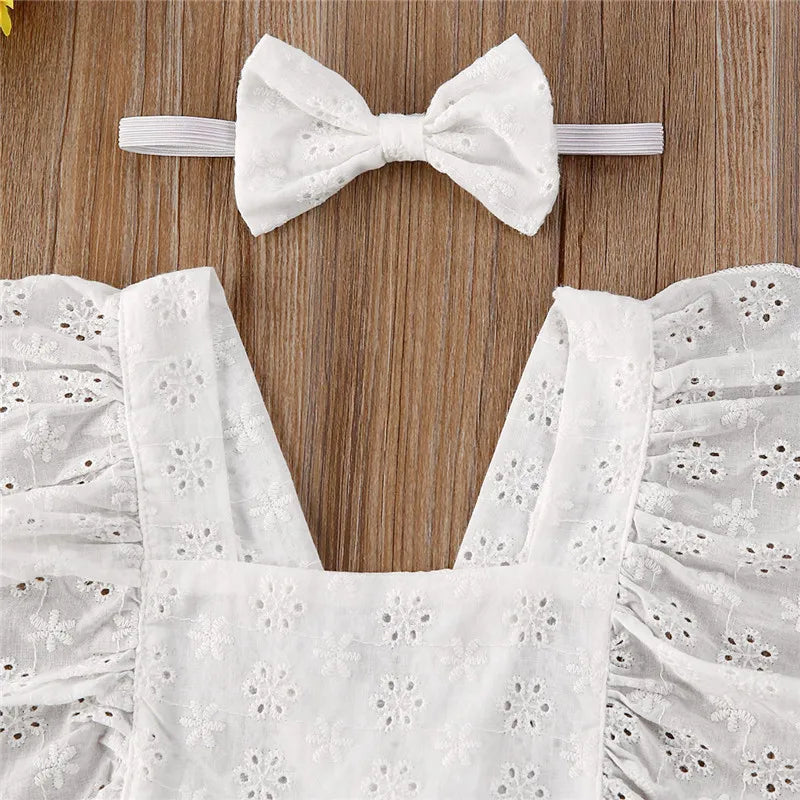 Backless Eyelet Baby Girl Romper Dress with Headband