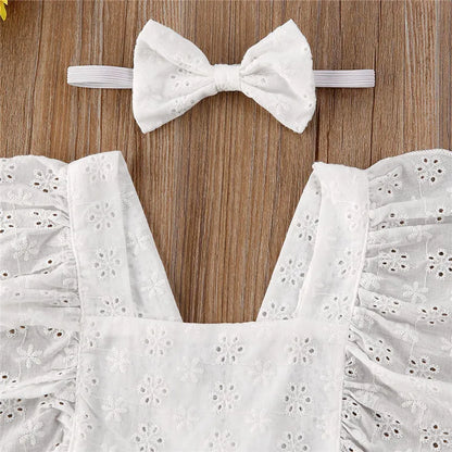Backless Eyelet Baby Girl Romper Dress with Headband