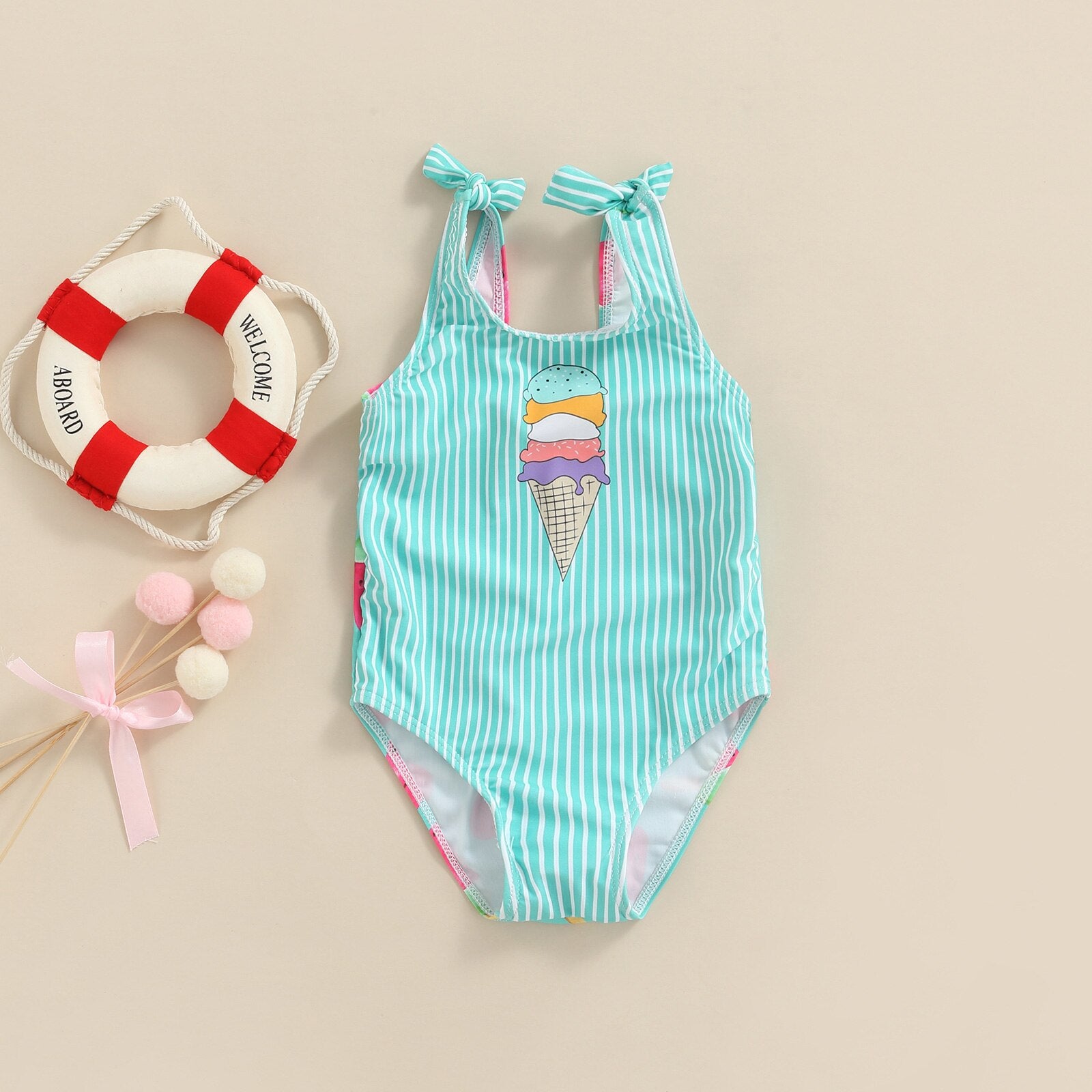 Kid Girl Ice Cream Printed Patchwork Beach Bodysuit childrensterritory