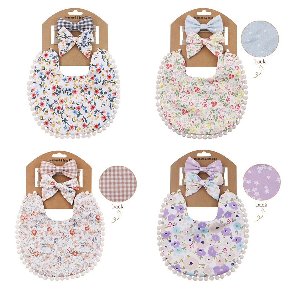4Sets/Lot Floral Infant Burp Clothes with Bow Tie Headband childrensterritory