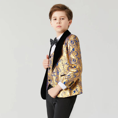 Kids Boy 3PCS Floral Design Blue Gold Communion Suit childrensterritory