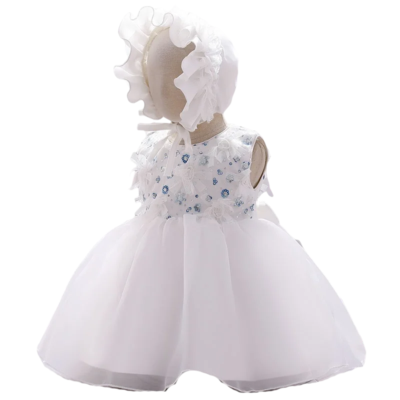Baby Girls Sequined Top Flower Dress and Hat For Wedding or Baptism