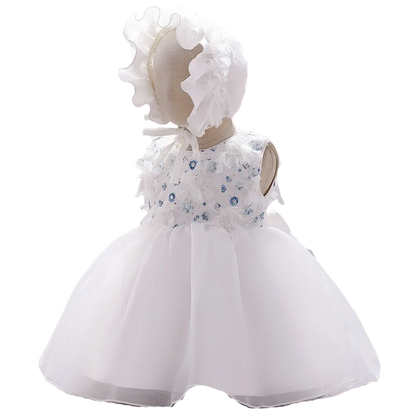 Baby Girls Sequined Top Flower Dress and Hat For Wedding or Baptism