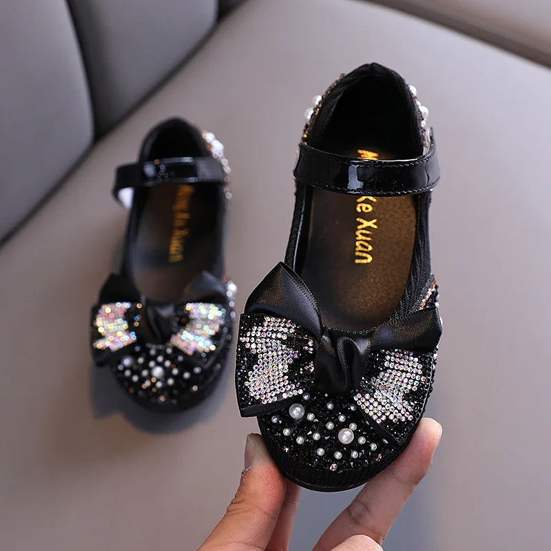 Girls Princess Bow Rhinestone Design Leather Shoes