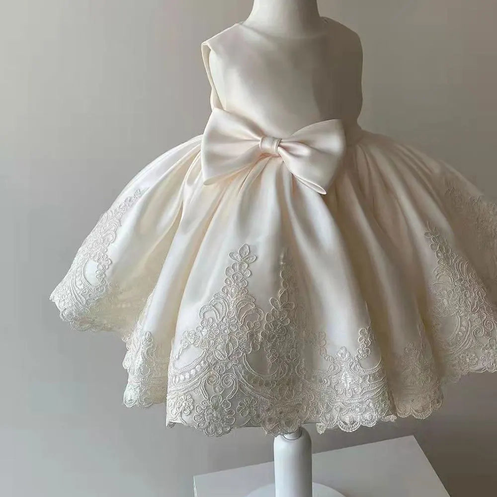 Sleeveless Bow Design Solid Lace Party Dresses For Girls childrensterritory