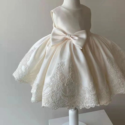 Sleeveless Bow Design Solid Lace Party Dresses For Girls childrensterritory
