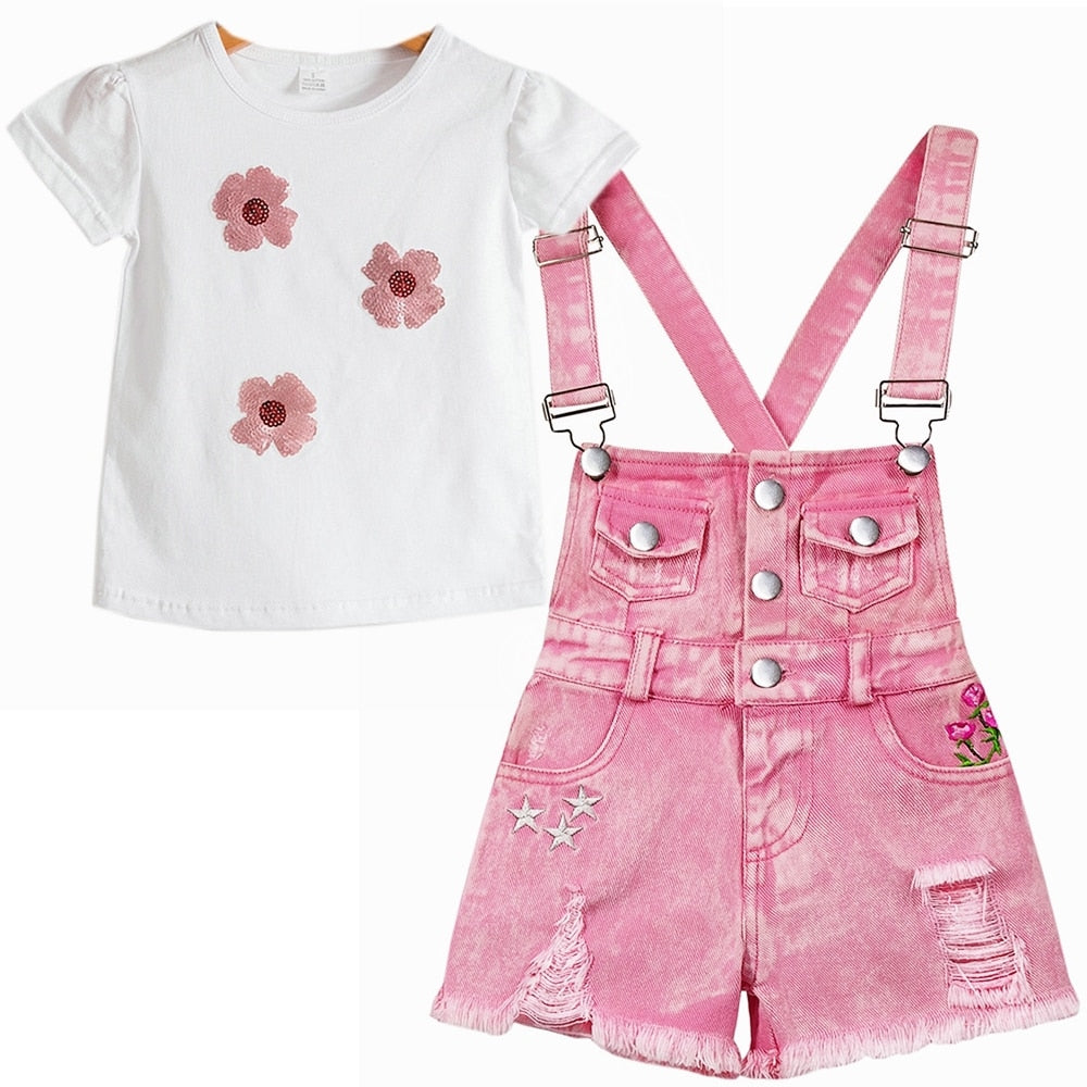 Kids Girls Pink Denim Suspender Shorts and White Top Clothing Set childrensterritory