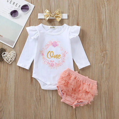 "One" Print Baby Girl 1st Birthday Outfit for Spring and Autumn