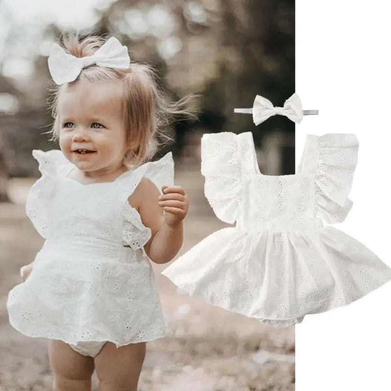 Backless Eyelet Baby Girl Romper Dress with Headband