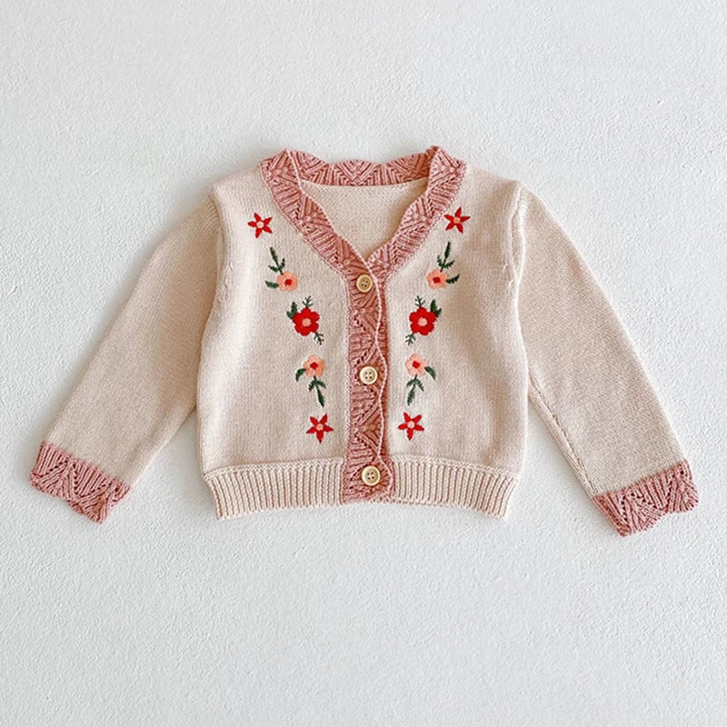 Baby Girls Long Sleeves Floral Embroidery Knitted Cardigans childrensterritory