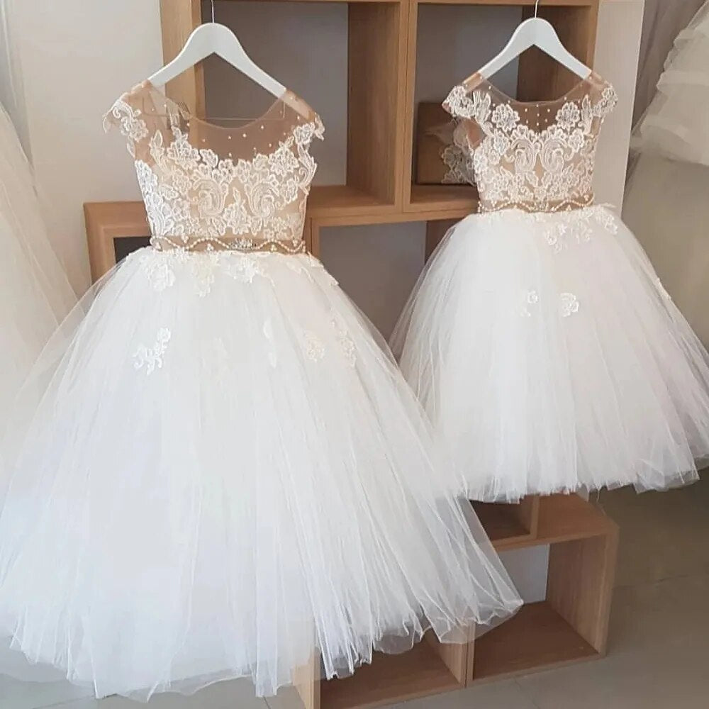 Kids Girls Nude Crystal Pearls Belt First Communion Dresses childrensterritory