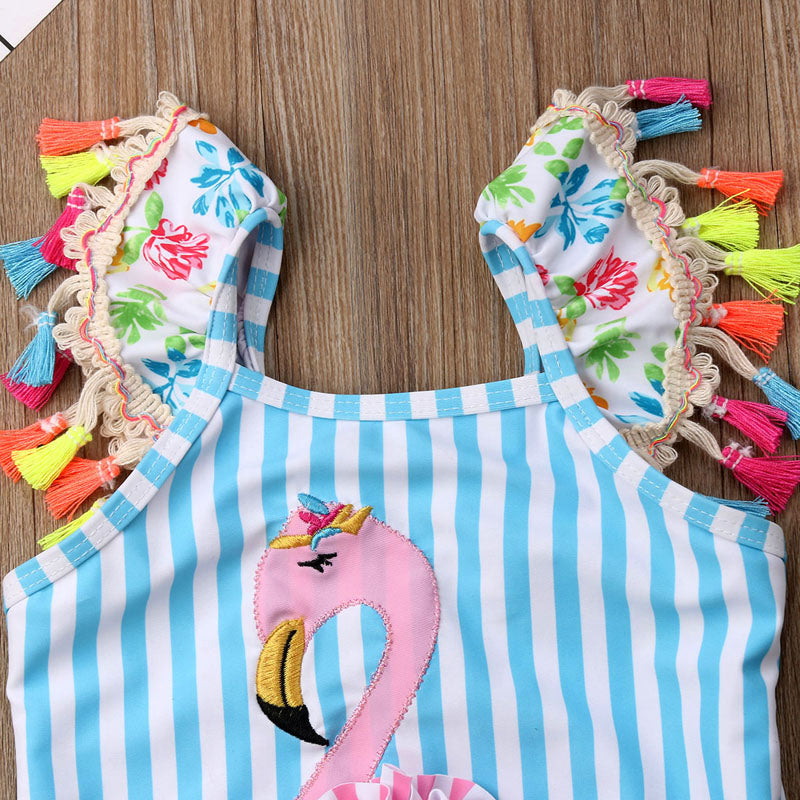 Cartoon Flamingo Design Kids Girls Bikini Beachwear childrensterritory