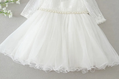 Little Girls Bow Lace Design White Baptism/Bridesmaid Dresses