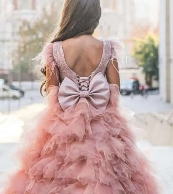 Backless Long Puffy Flower Girl Dress for Wedding Party childrensterritory