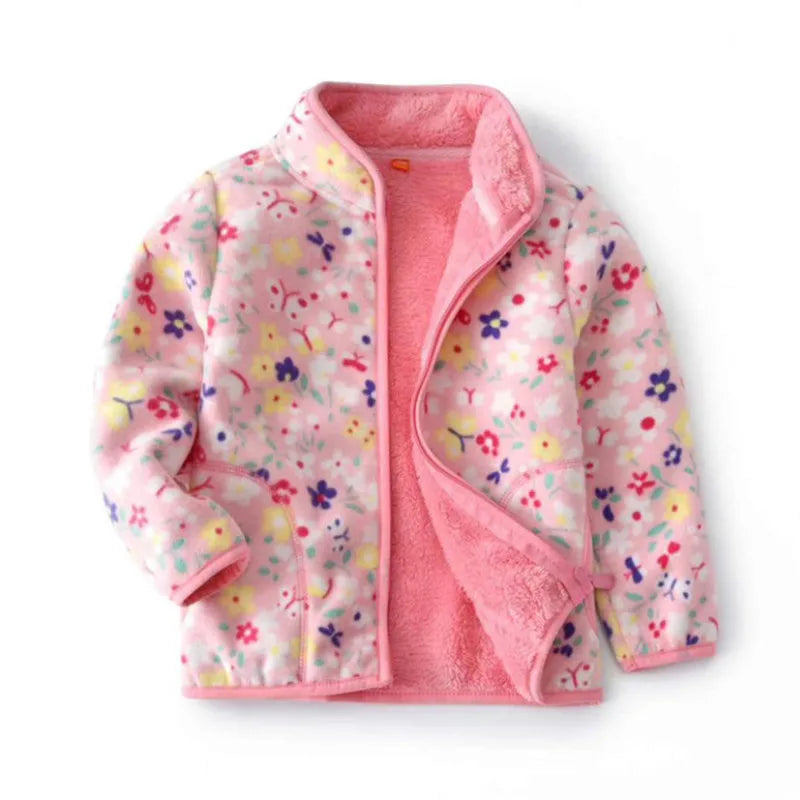 Kids Girls Warm Fleece Flowers Print Zipper Jackets