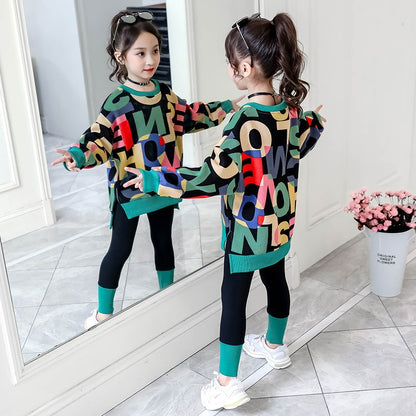 Kids Girls Letter Print Sweater + Leggings Two-Piece Clothing Set childrensterritory