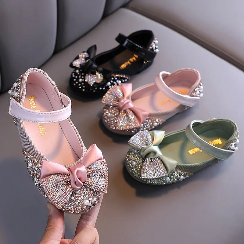Girls Princess Bow Rhinestone Design Leather Shoes