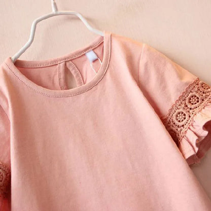 Kids Girls Round Neck Lace Trumpet Sleeve Summer Tops childrensterritory