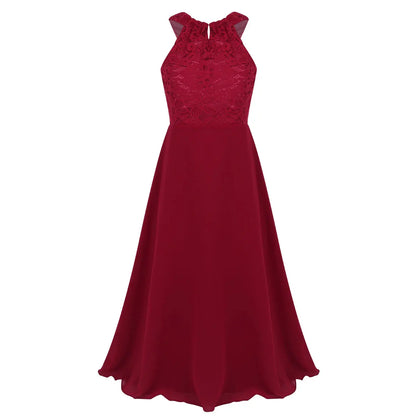 Kids Girls Halter Lace Design Chiffon Long Prom Ball Gowns childrensterritory