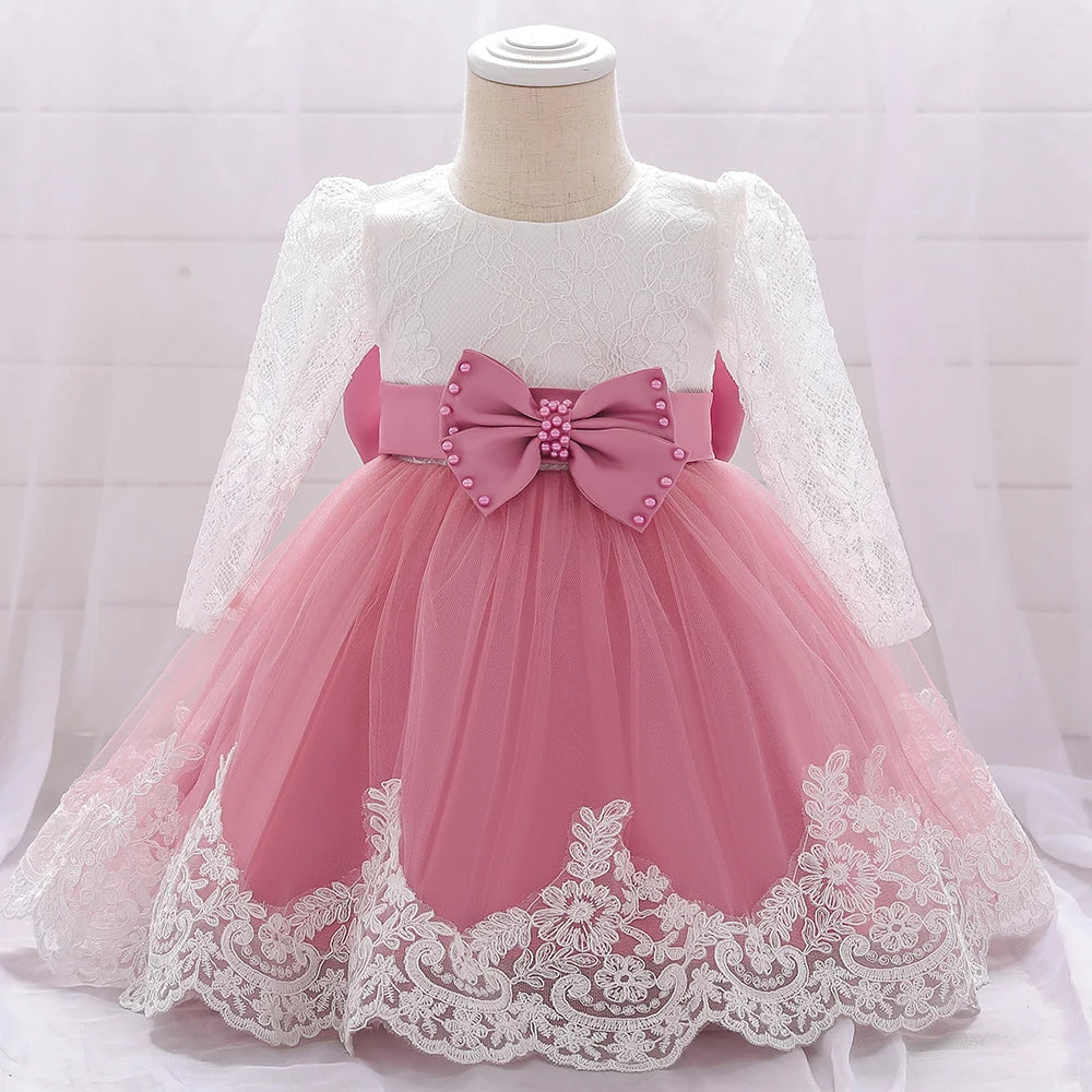 Girls' Long-Sleeved Flower Lace Bow Design Party Dresses childrensterritory
