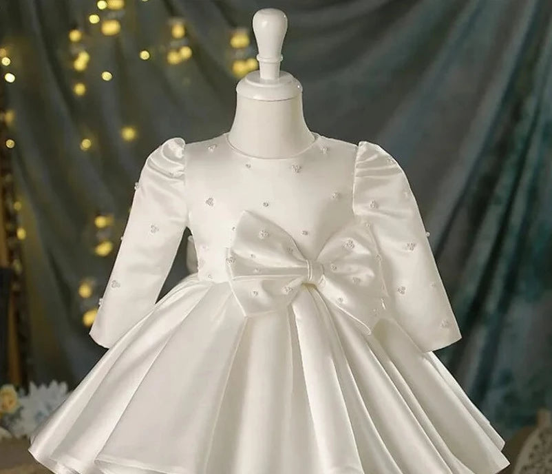 Pearl-Decorated Tutu White Flower Girls Dress For Party childrensterritory