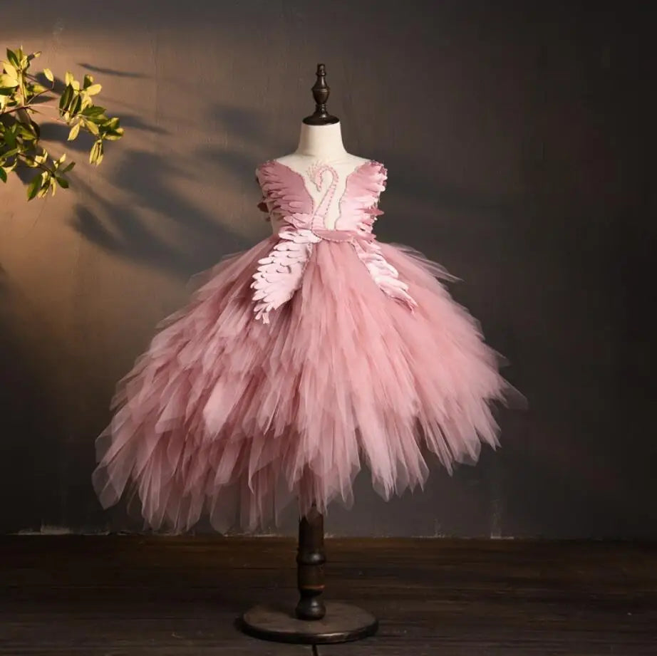 Kids Girls Elegant Crystal Swan Design Pageant Dress with Trail childrensterritory