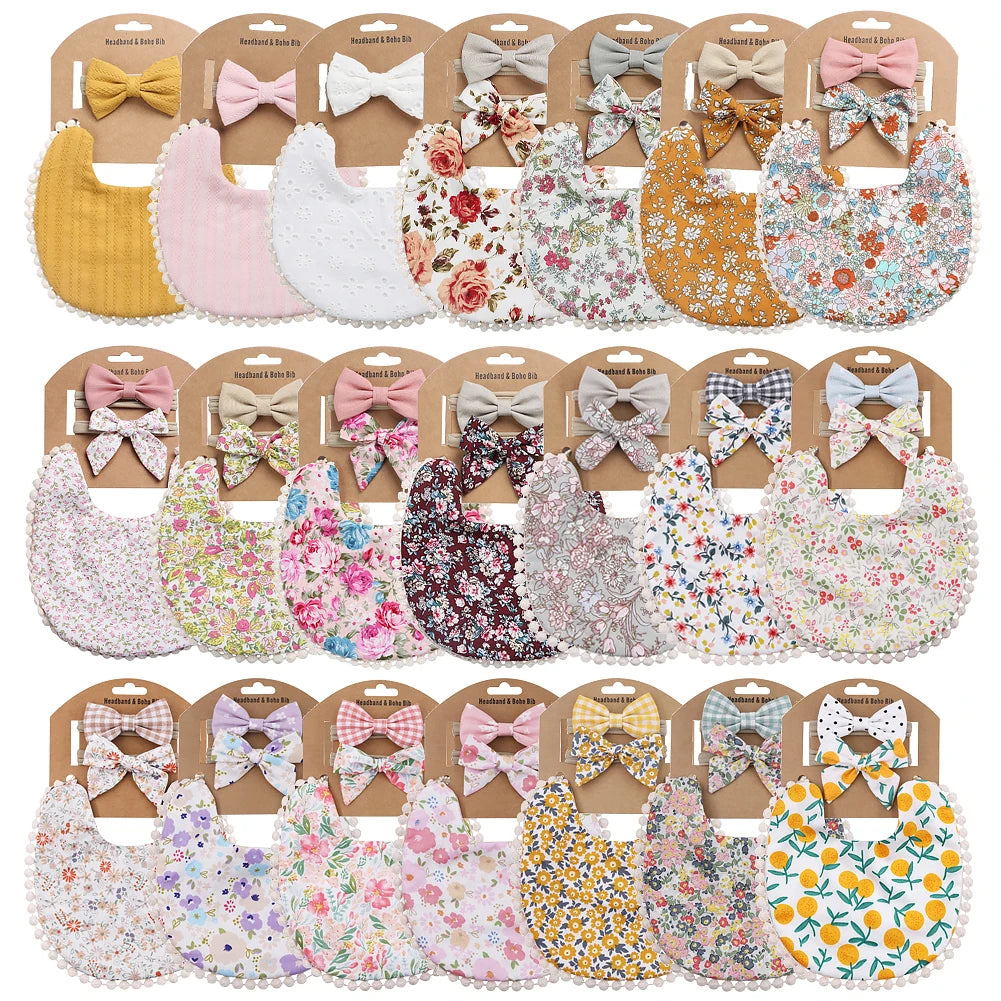4Sets/Lot Floral Infant Burp Clothes with Bow Tie Headband childrensterritory