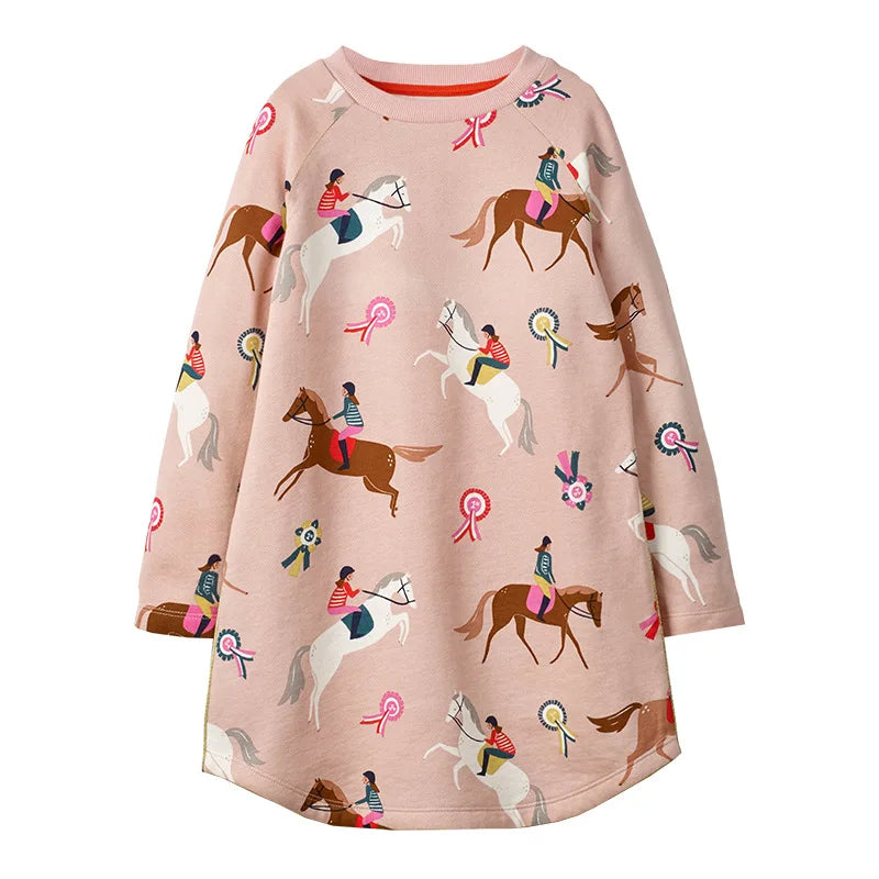 Horse Print Girls Long-Sleeved Casual Dresses childrensterritory