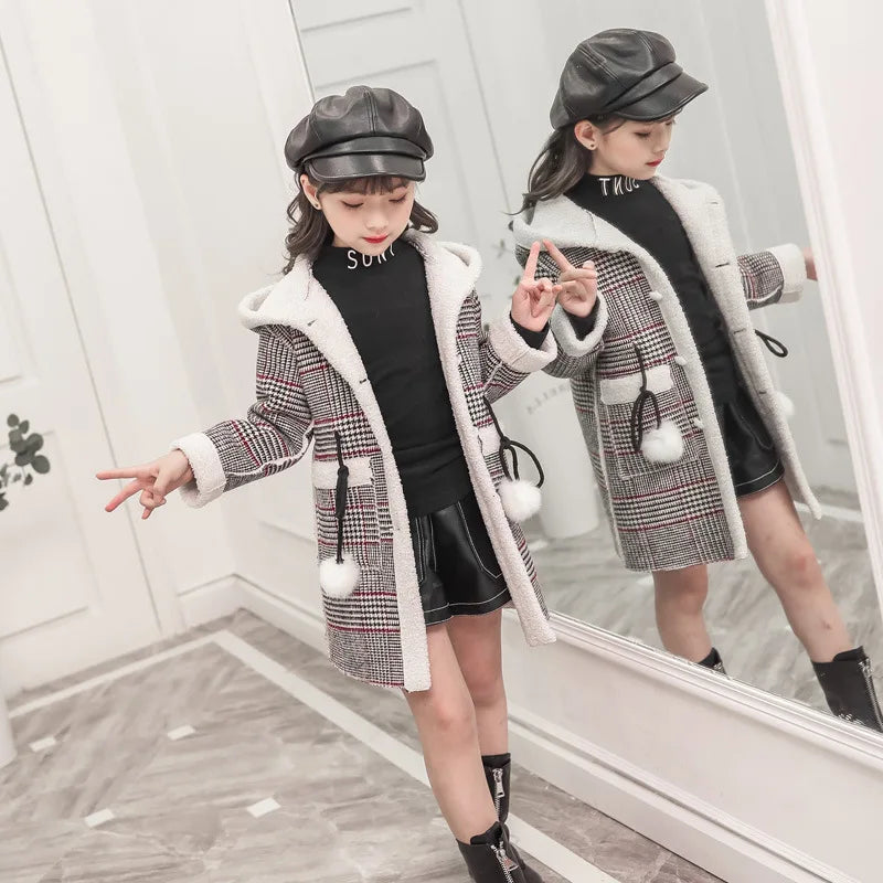 Girls Parka Hairy Woolen Warm Long Coat With Grid Pattern childrensterritory
