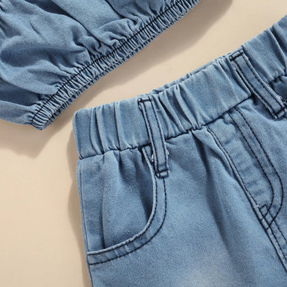 Kids Girls One Shoulder Denim Tops and Irregular Hem Skirt Set childrensterritory