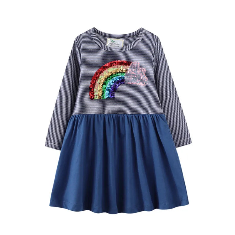 Rainbow Print Kids Girls Party Dresses for Autumn