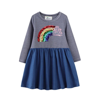 Rainbow Print Kids Girls Party Dresses for Autumn