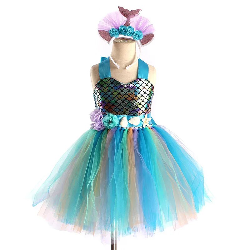 Kids Girls Mermaid Style Fancy Tutu Party Dress with Headband childrensterritory