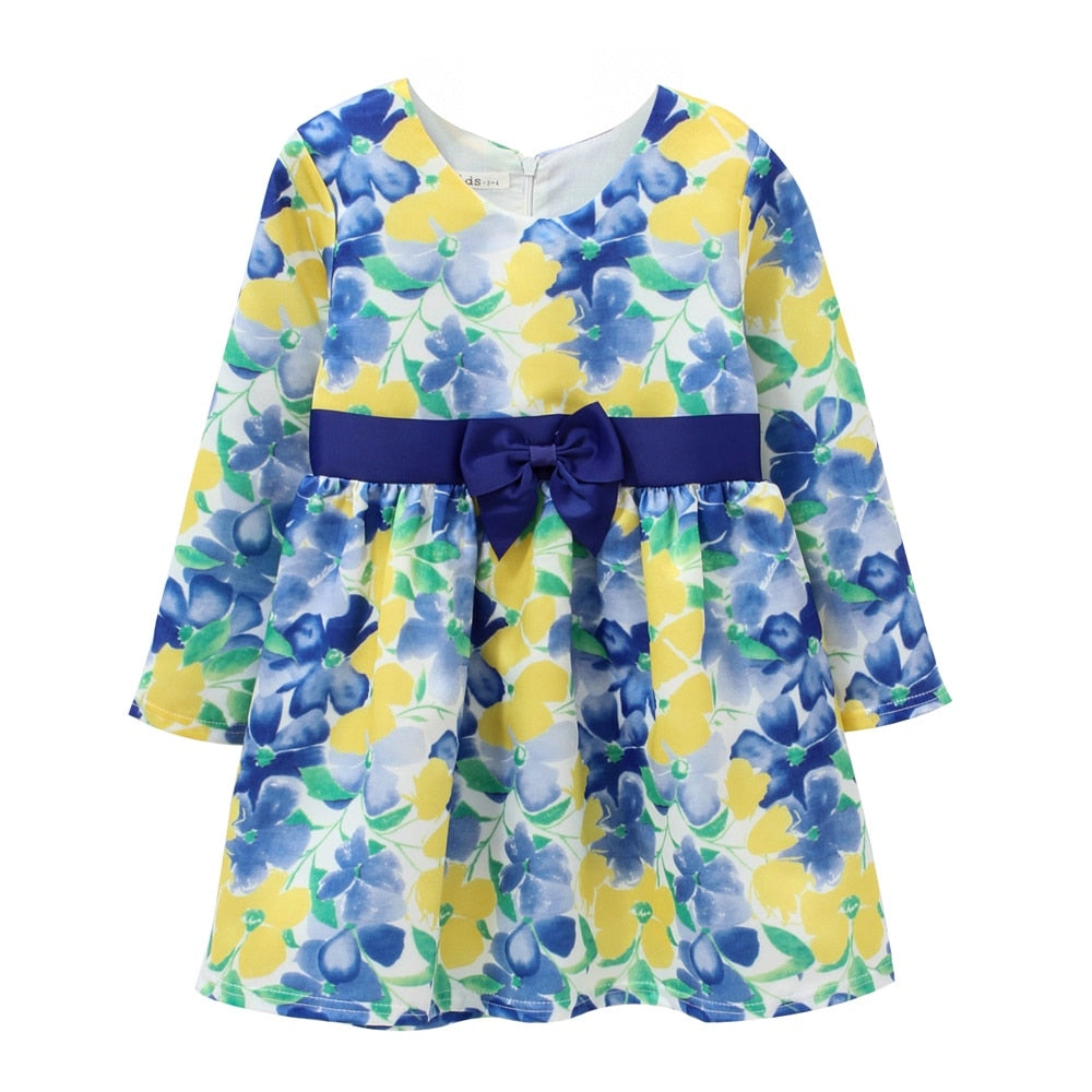 Flower Birds Printing Long Sleeve Princess Girl Dresses childrensterritory