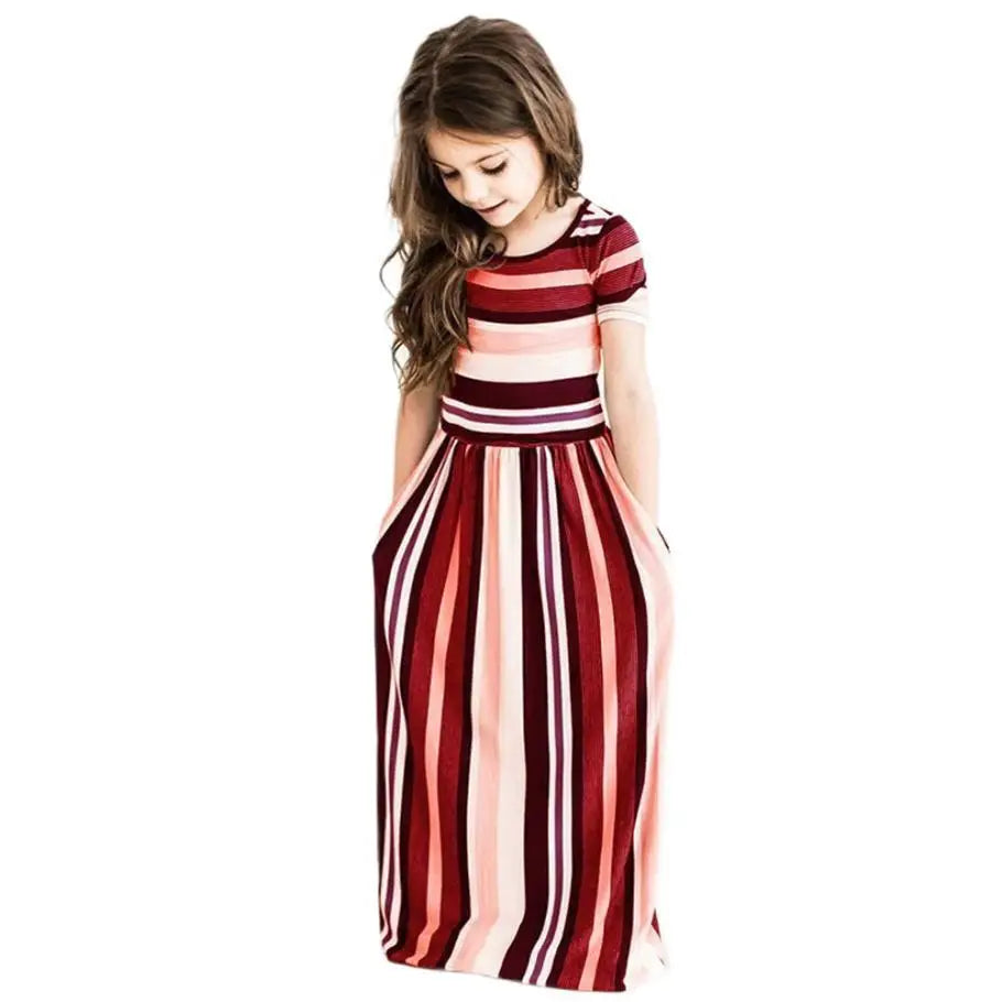 Striped Print Design Casual Summer Long Dress For Baby Girls childrensterritory