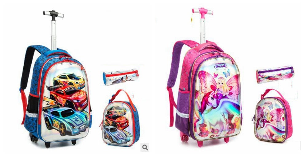 3D Cartoon Print kids Student Trolley Bags Set childrensterritory