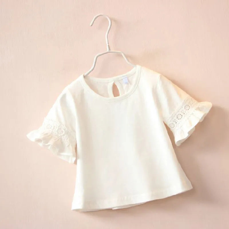 Kids Girls Round Neck Lace Trumpet Sleeve Summer Tops childrensterritory