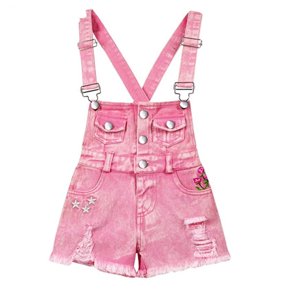Kids Girls Pink Denim Suspender Shorts and White Top Clothing Set childrensterritory