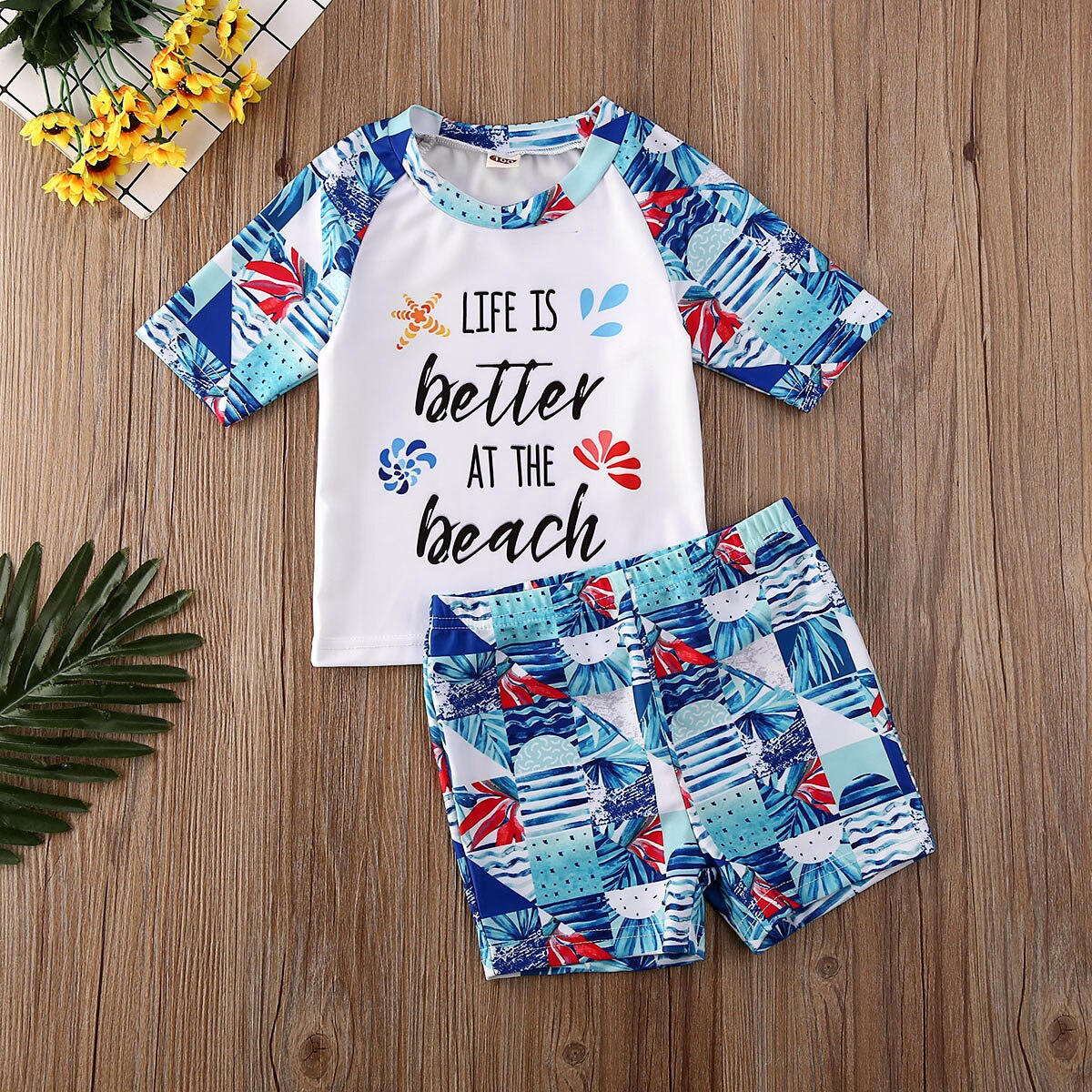 Kid Boy Letter and Beach Print Top &amp; Shorts Set childrensterritory