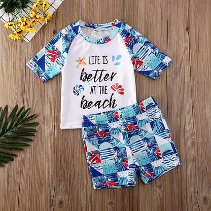 Kid Boy Letter and Beach Print Top &amp; Shorts Set childrensterritory