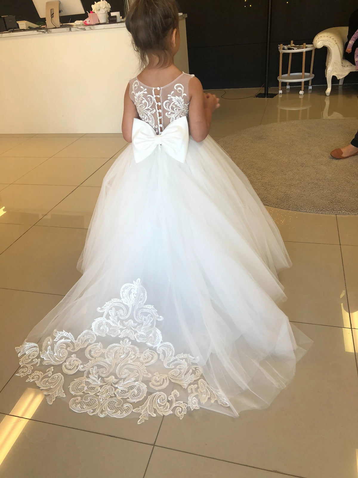 Kids Girls Backless Tutu Wedding Party Dresses with Long Train childrensterritory