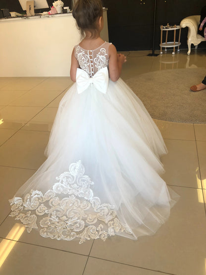 Kids Girls Backless Tutu Wedding Party Dresses with Long Train childrensterritory