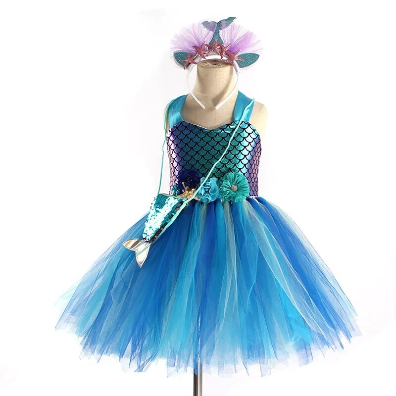 Kids Girls Mermaid Style Fancy Tutu Party Dress with Headband childrensterritory