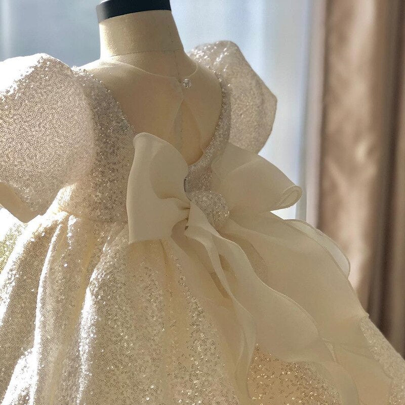 Puffy Sequin White Birdemaids Evening Party Dress for Girls childrensterritory