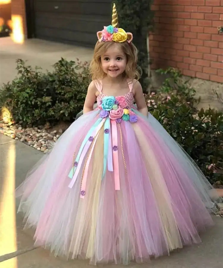 Party Dresses for Girls: Ball Gown Flower Design with Daisy Ribbons